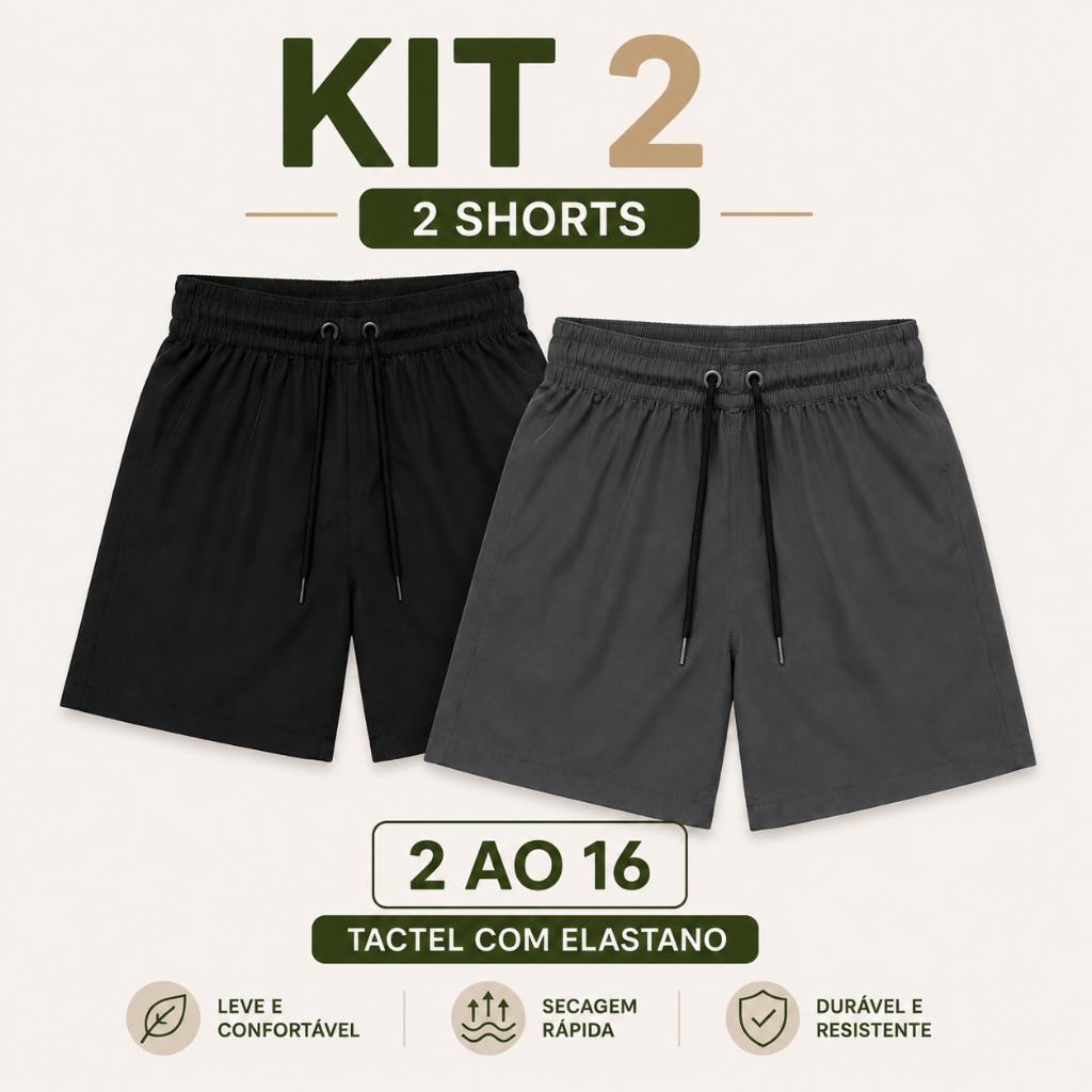 Kit 2 Bermuda Infantil Masculina Tactel com Elastano Leve Confortável Secagem Rápida Tam 2 ao 16
