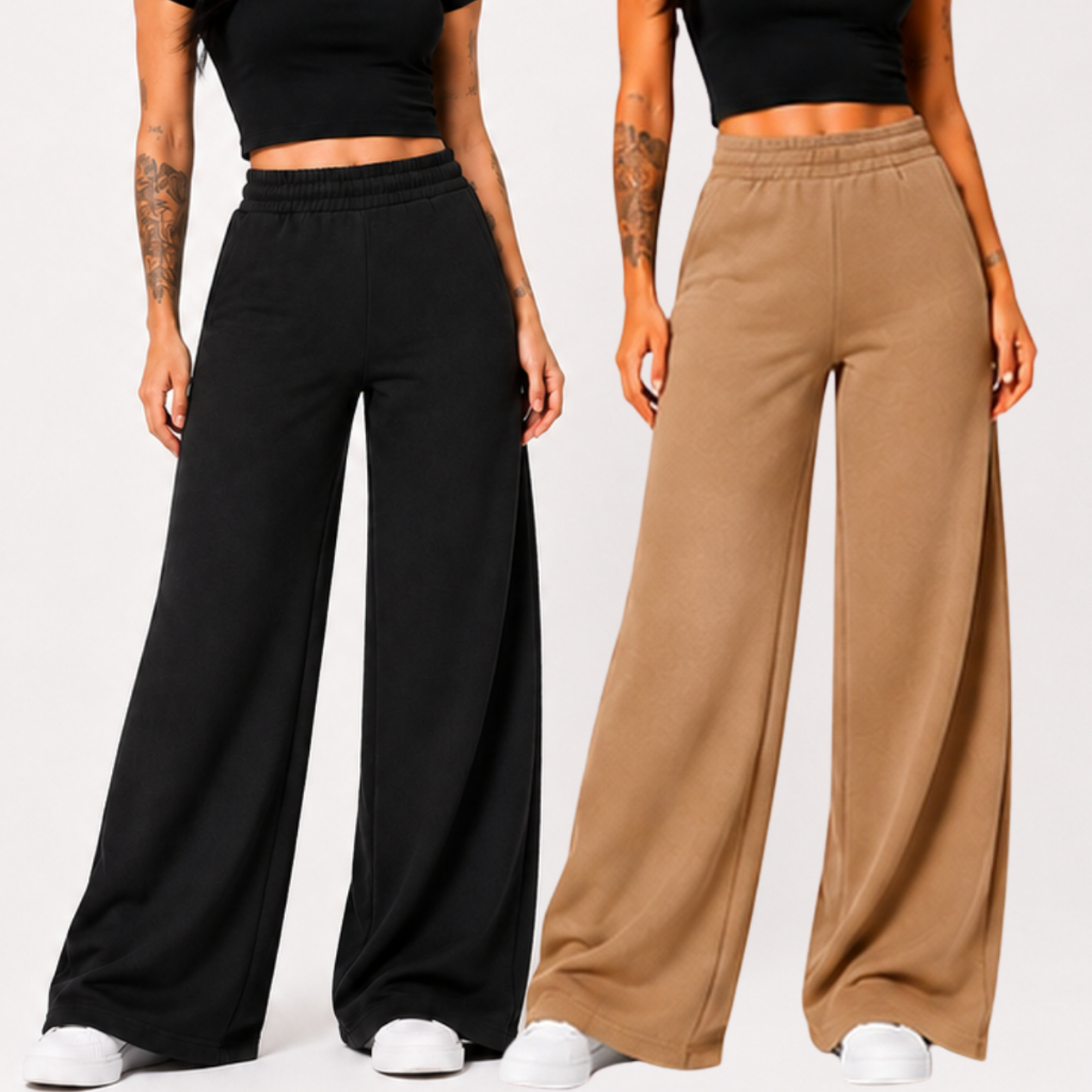 Calça Pantalona Feminina Moletom Cintura Alta Wide Leg
