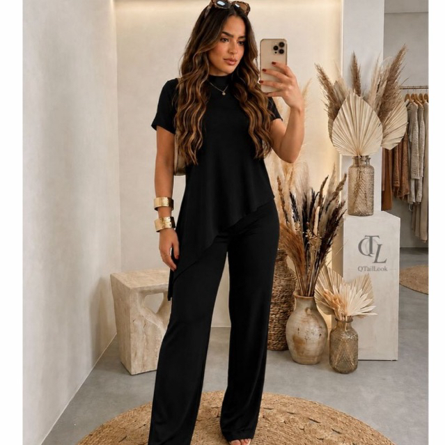 Conjunto Feminino Ribana Calça Pantalona e Blusa Manga Curta Assimétrica Elegante Sofisticado Casual Confortável