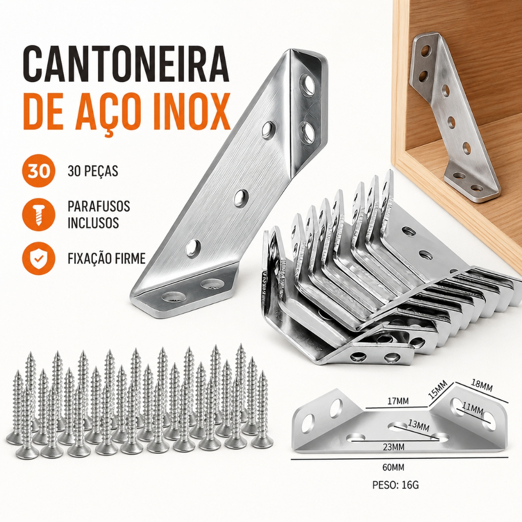 Kit 30 Peças Conector de Canto Aço Inoxidável Cantoneira 90 Graus Móveis de Madeira Universal