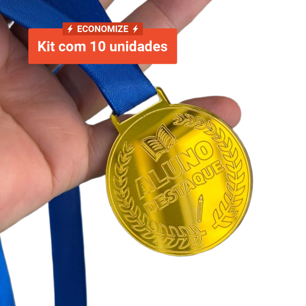 Kit 10 Medalhas Simples 5cm Acrílico Dourado 2mm Aluno Destaque Escolar Prêmio Com Fita