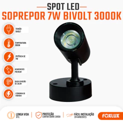Spot LED Direcionável 7W Foxlux Sobrepor 3000K Branco Quente Bivolt