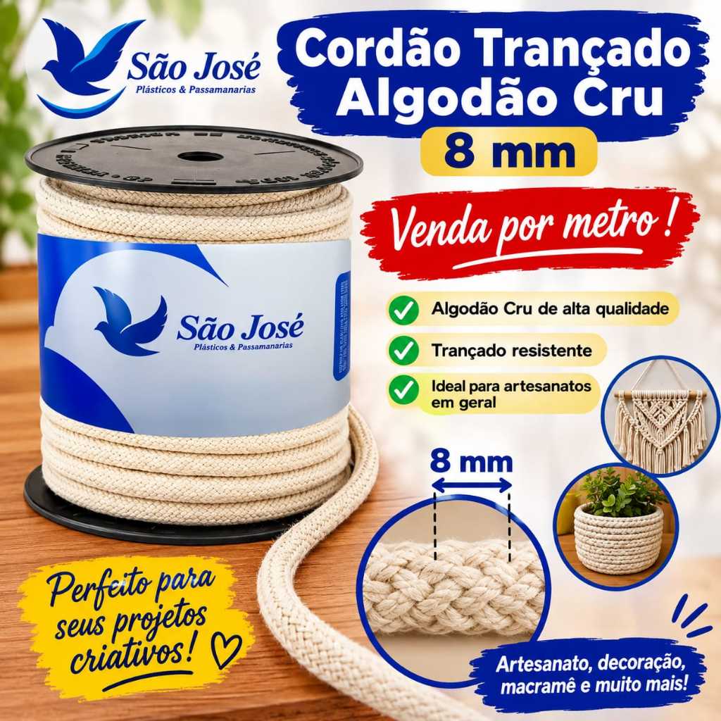 Cordão Trançado Algodão Cru  8mm (vendas por unidades). Cordão para trabalhos de artesanatos.