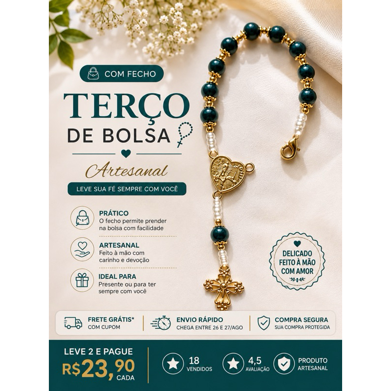 Terço de Bolsa Católico Verde Água com Fecho | Terço Artesanal Nossa Senhora para Bolsa