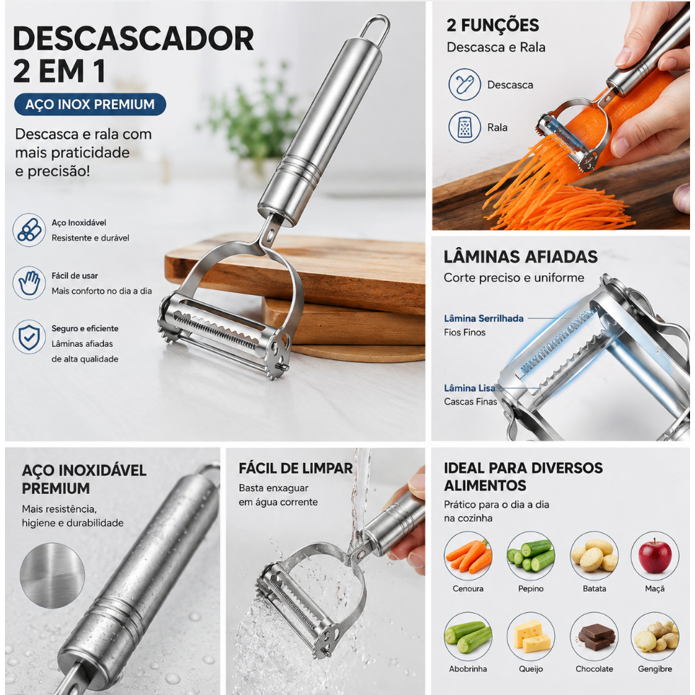 Descascador INOX Legumes Frutas Dupla Lâmina Móvel 2 Em 1