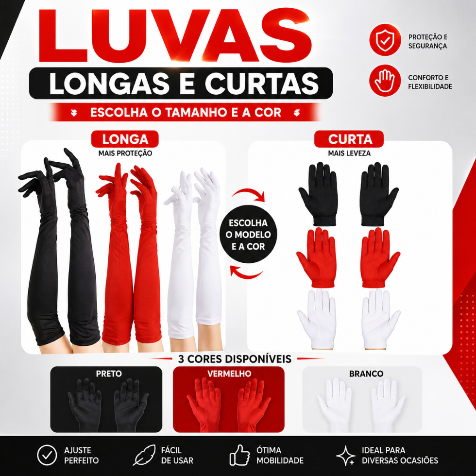1 Par De Luva Longa / Curta para Festa Fantasia Carnaval Casamento Festas noturnas Branca/Preta/Vermelha