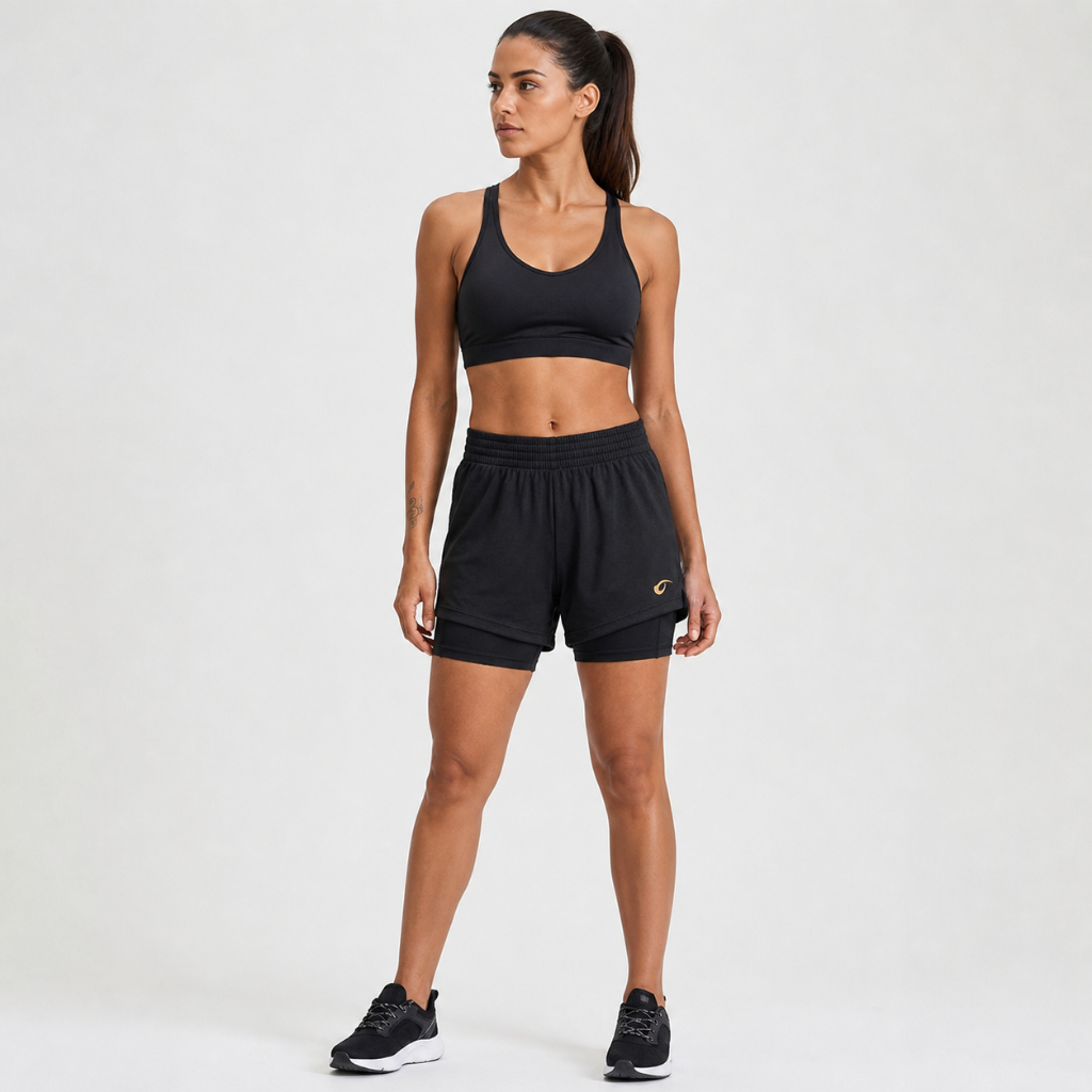 Short Fitness Feminino 2 em 1 Cintura Alta Bolso Celular Elastano Respirável Academia Treino Corrida Syozbee