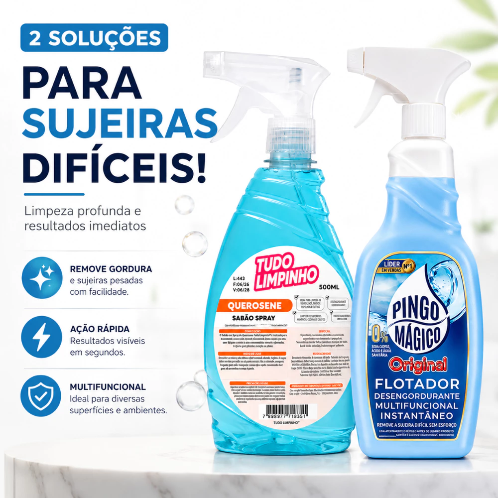 Kit Limpeza Pesada Pingo Mágico 500ml + Spray Sabão de Querosene 500ml Desengordurante Multiuso