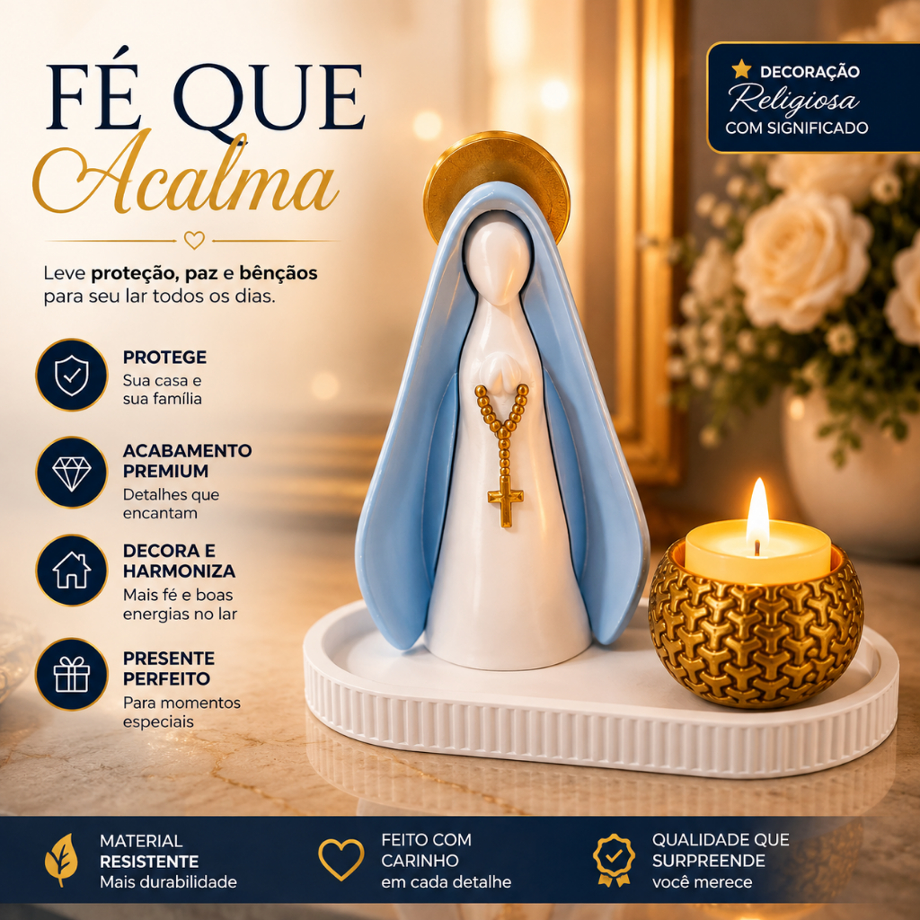 Nossa Senhora Decorativa com Bandeja e Porta Vela Kit Religioso Católico Premium Decoração para Casa Presente de Fé