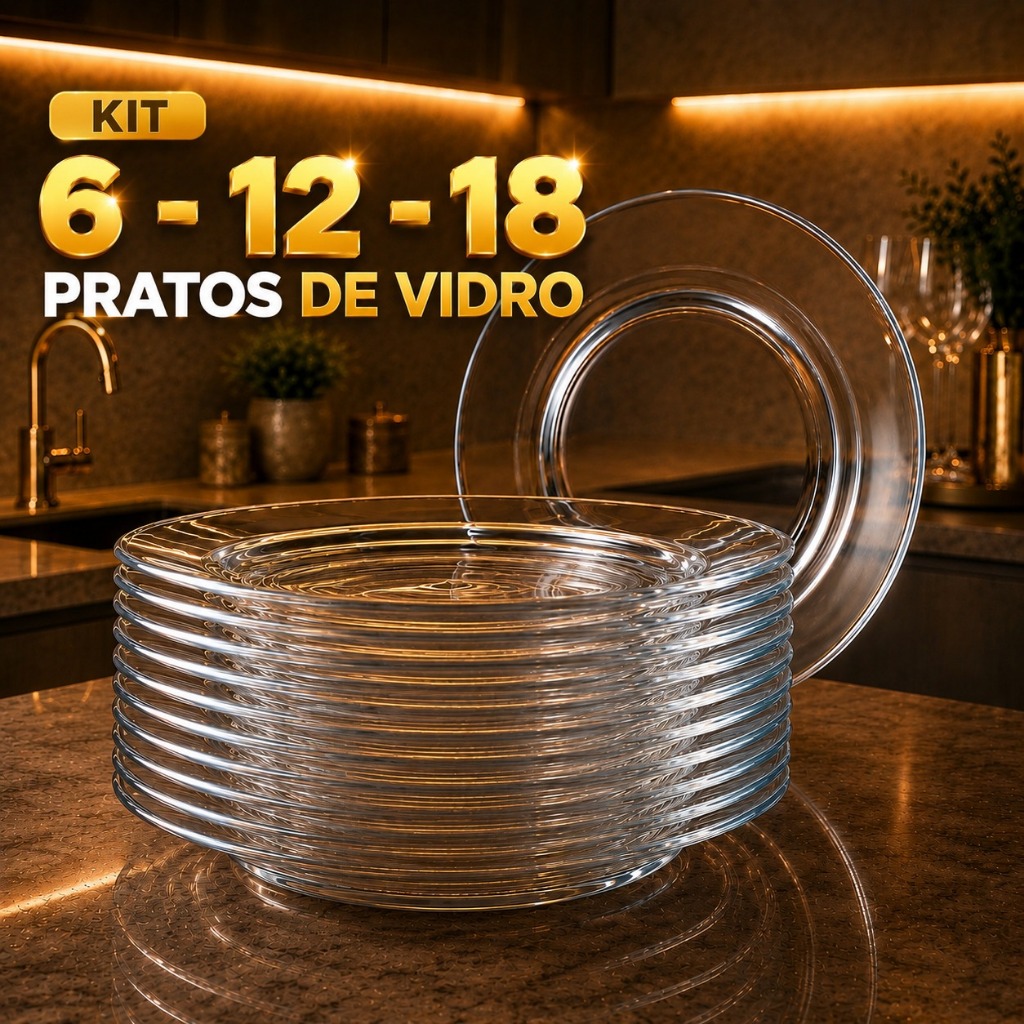Conjunto Prato de Vidro Fundo Transparente Reforçado Peça Avulsa para Cozinha e Mesa Posta Design Clássico