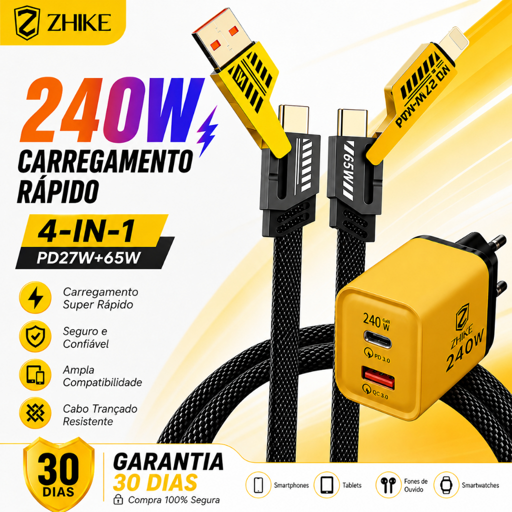 Cabo Carregador Carregamento Rápido 4 Em 1 USB Tipo C Para iP 1M Trança Nylon Cabo com GaN Adaptador