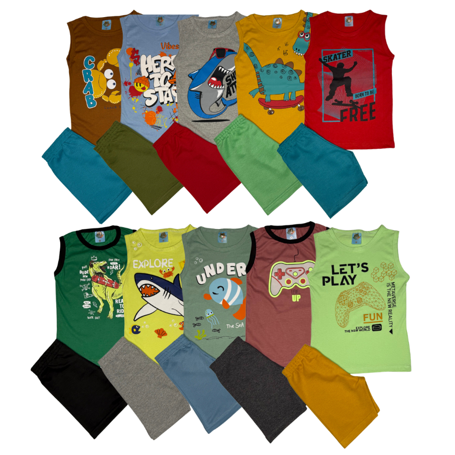 Kit 6 Peças Regata Menino Verão 3 Regatas 3 Bermudas Sortido TAM 1 ao 8