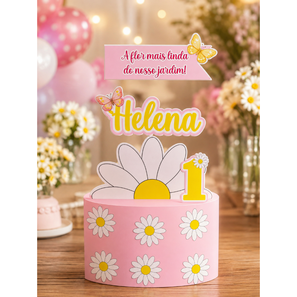 Topo de Bolo Jardim das Margaridas Jardim Encantado - Topper de Bolo Personalizado Para Mêsversario Festa Aniversário