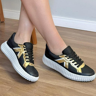 Tênis Feminino Preto e Dourado, Casual Fashion, Plataforma Chunky, Solado Branco, Estilo Streetwear e Confortável