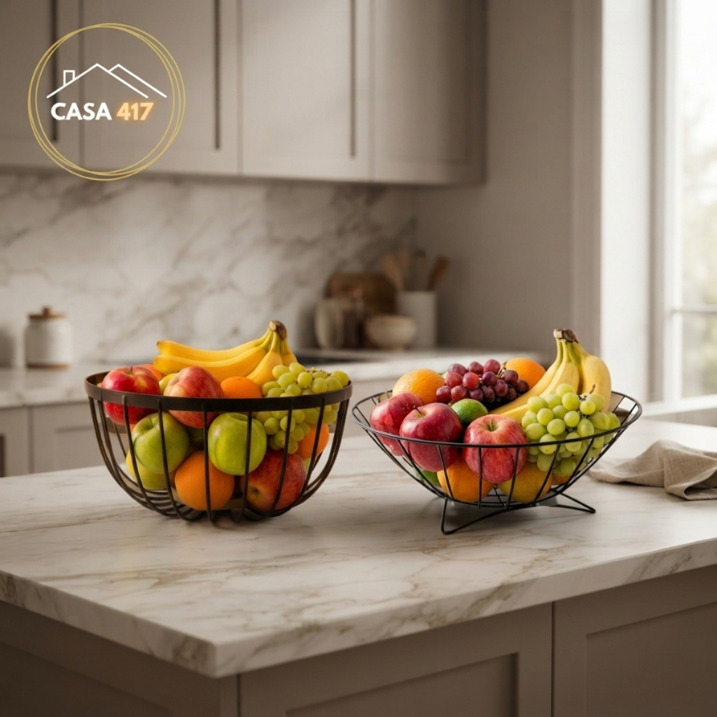 Fruteira de Mesa 2 Andares Ferro e Bambu Cesto Organizador de Frutas Decorativa de Bancada Rústica