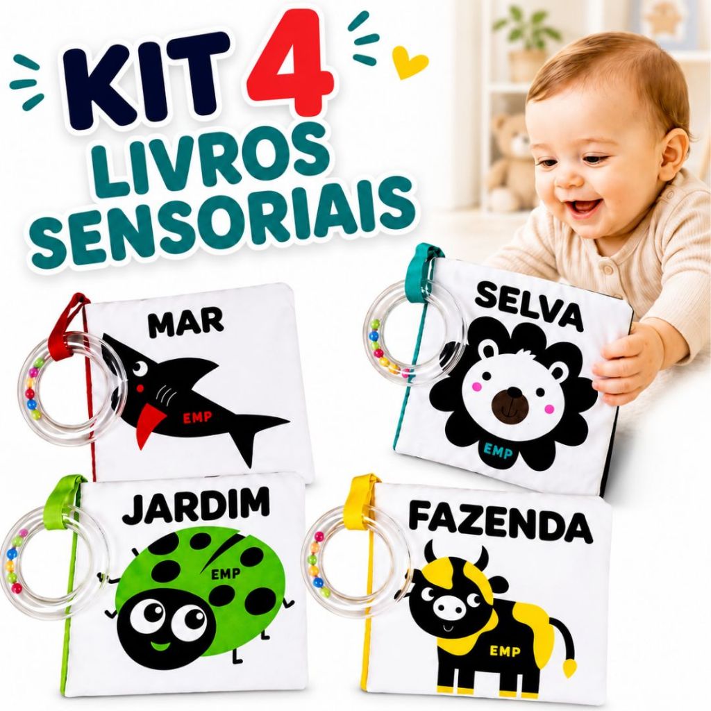 Livro de Pano para Bebê Sensorial Montessori com Chocalho Alto Contraste Educativo 6+ Meses | Unitário ou Kit 4