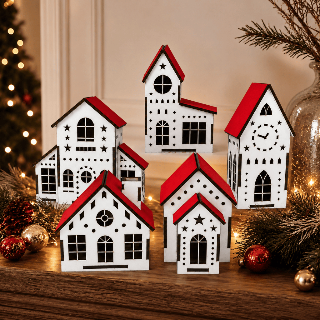 Vila Natalina 5 Casinhas MDF Kit Decorativo Presépio Decoração de Natal Vilarejo Natalino Artesanato