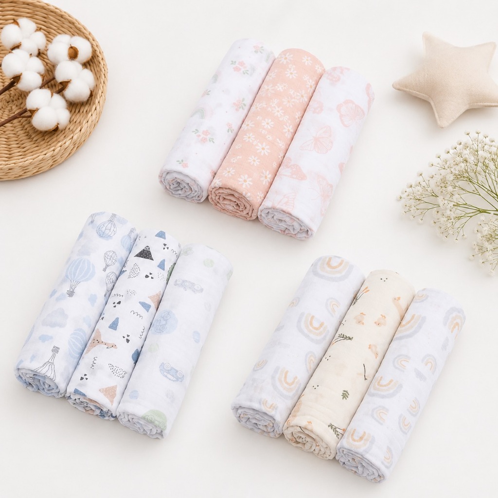 CUEIRO SWADDLE SOFT ESTAMPADO 80CM X 80CM KIT COM 03 UN- MACIO PAPI GRANDE CHARUTINHO MANTA