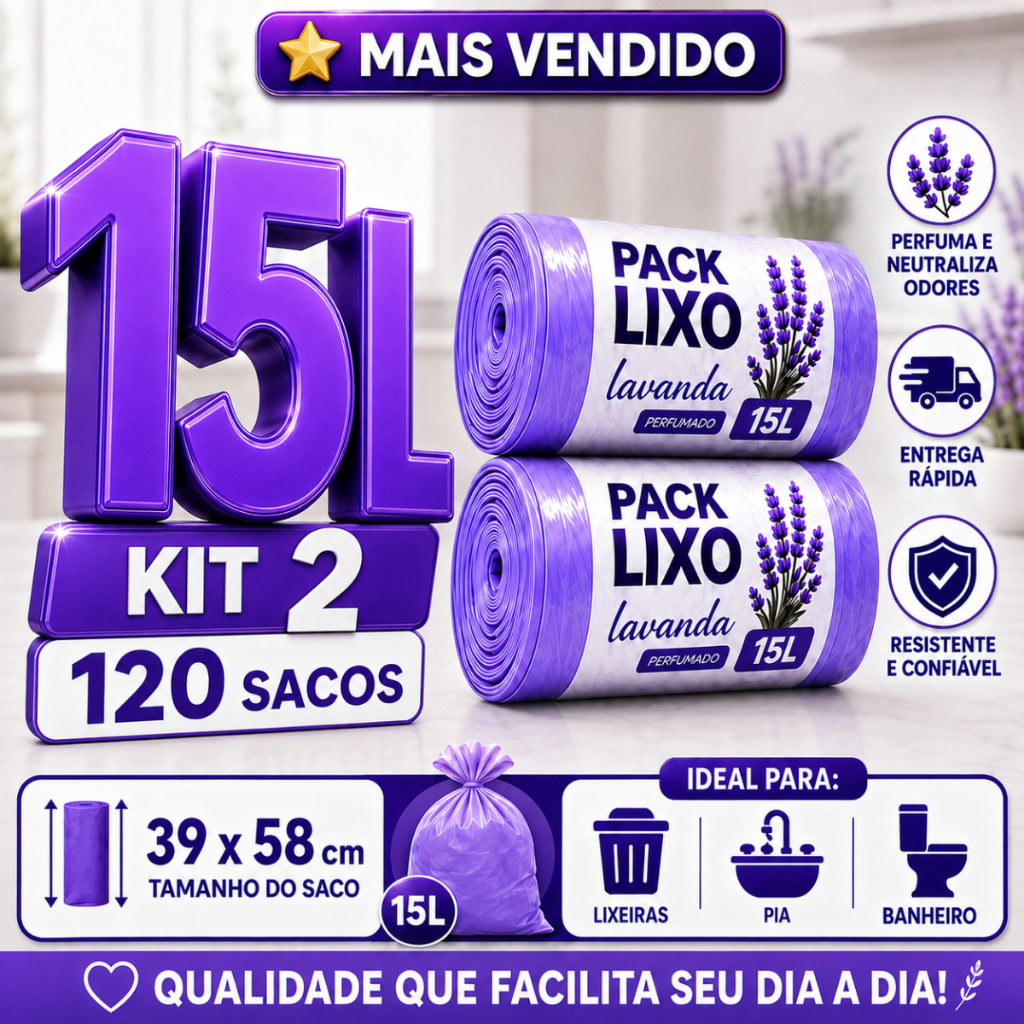 Kit 2 Rolos Lavanda 15 Litros 120 Sacos de Lixo Perfumados Neutraliza Odores Mau Cheiro 39x58