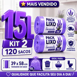 Kit 2 Rolos Lavanda 15 Litros 120 Sacos de Lixo Perfumados Neutraliza Odores Mau Cheiro 39x58