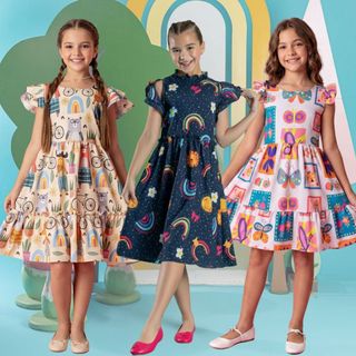 Vestido Infantil Ombro Colorido Menina Feminino Festa Rodado Moda Evangelica Manga Babado Elegante