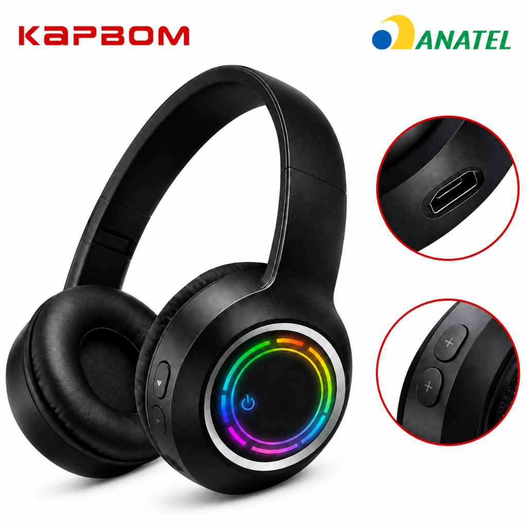 Fone de Ouvido Bluetooth LED Sem Fio Kapbom RGB com Microfone Premium