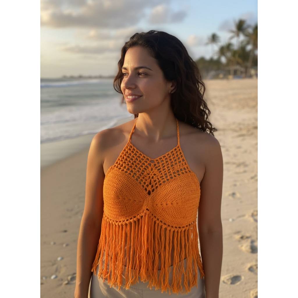 Cropped Franja Tricô Crochê Moda Praia Femin Luxo Tendência