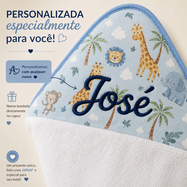 Toalha de Banho Infantil com Capuz Personalizada com Nome Forrada Fralda 100% Algodão 80x70cm — imagem 2 de 2
