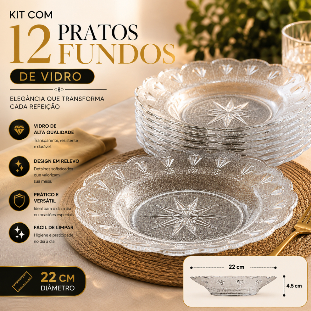 Kit 12 Pratos de Vidro Fundo 22cm Egípcio Design Moderno e Decorado