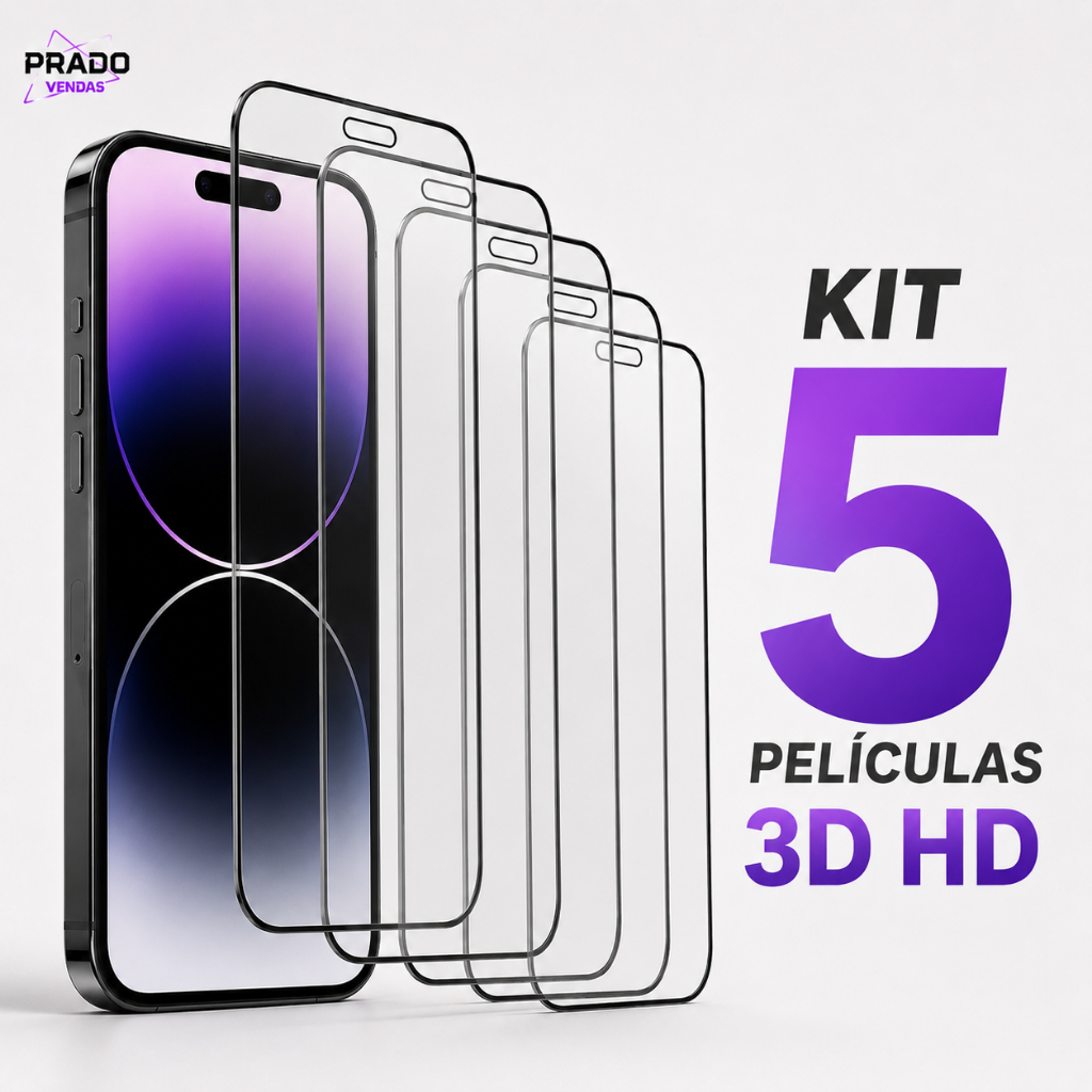 KIT 5 Películas 3D iPhone Vidro Temperado Full Cover HD 9H iPhone 11 12 13 14 15