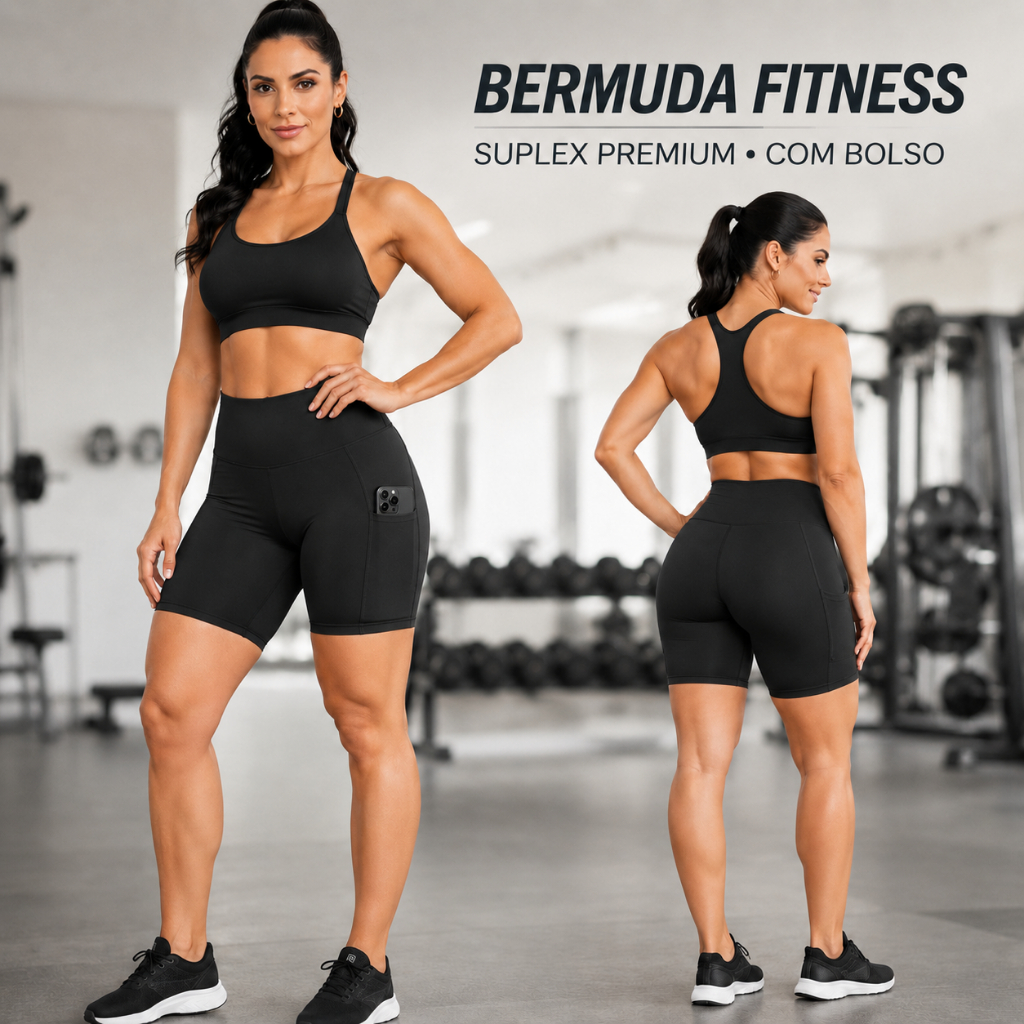 Bermuda Fitness Feminina Suplex Premium Grosso Zero Transparência Cintura Alta com Bolso para Celular Academia P ao GG