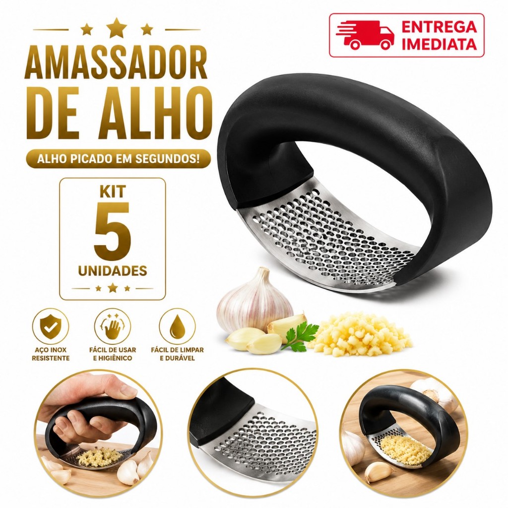 Amassador de Alho Manual Inox Espremedor Triturador Prático Resistente Fácil de Usar Cozinha Restaurante