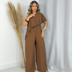 Macacão Pantalona de Um Ombro Só – Elegância em Crepe Dunas