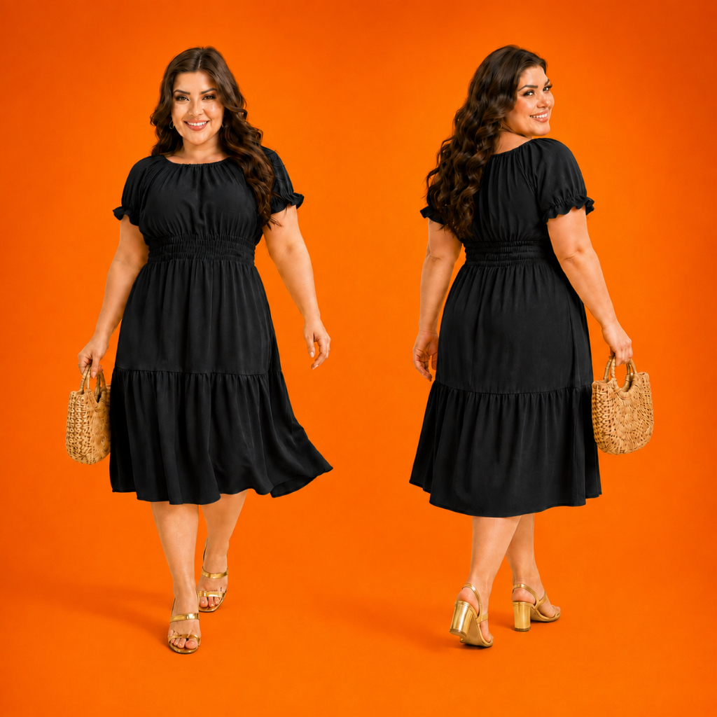 Vestido Plus size preto midi soltinho feminino casual basico e confortavel