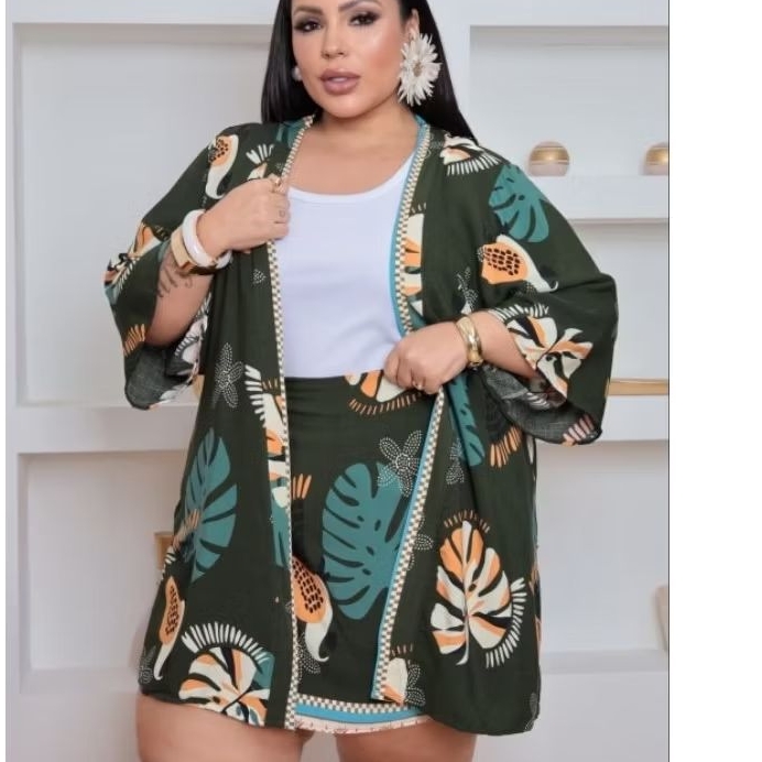Conjunto Plus Size Feminino Kimono + Short Saia Listrado Moda Elegante Casual Tendência Confortável
