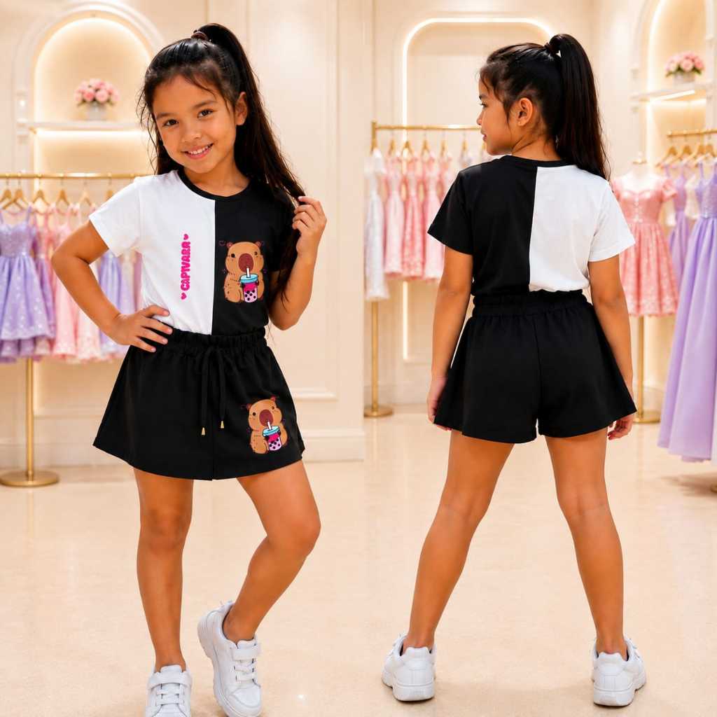 Conjunto Capivara Infantil menina blusa + Short Saia Moda Verão Menina do 4 ao 12