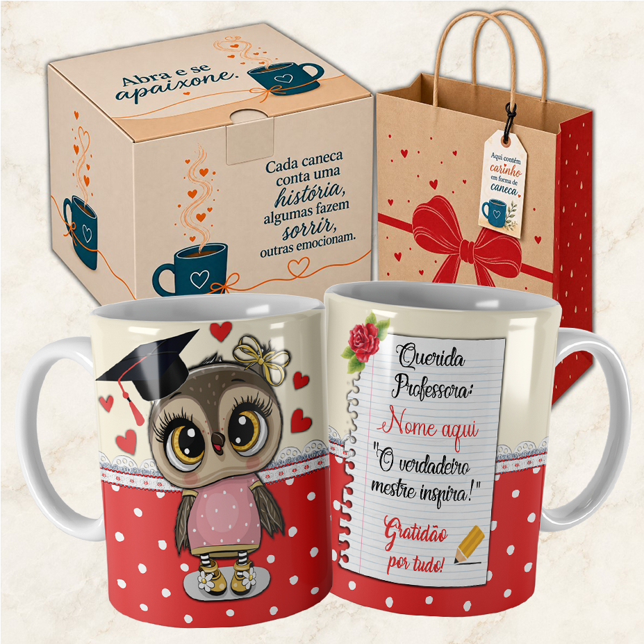 Caneca Professora Coruja Personalizada com Nome Dia dos Professores Linda com Embalagem Opcional