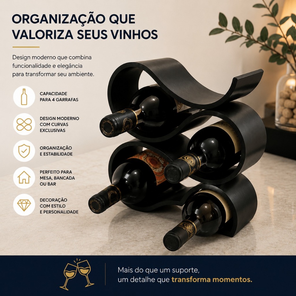 Adega Porta Vinho de Mesa Suporte para 4 Garrafas Decorativa Design Moderno para Bancada