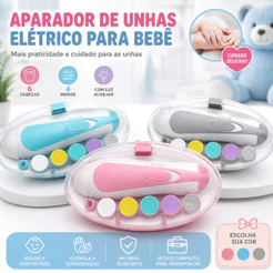 Aparador de Unhas Elétrico para Bebê Kit Manicure Infantil com 6 Lixas 4 Velocidades Luz LED e Estojo