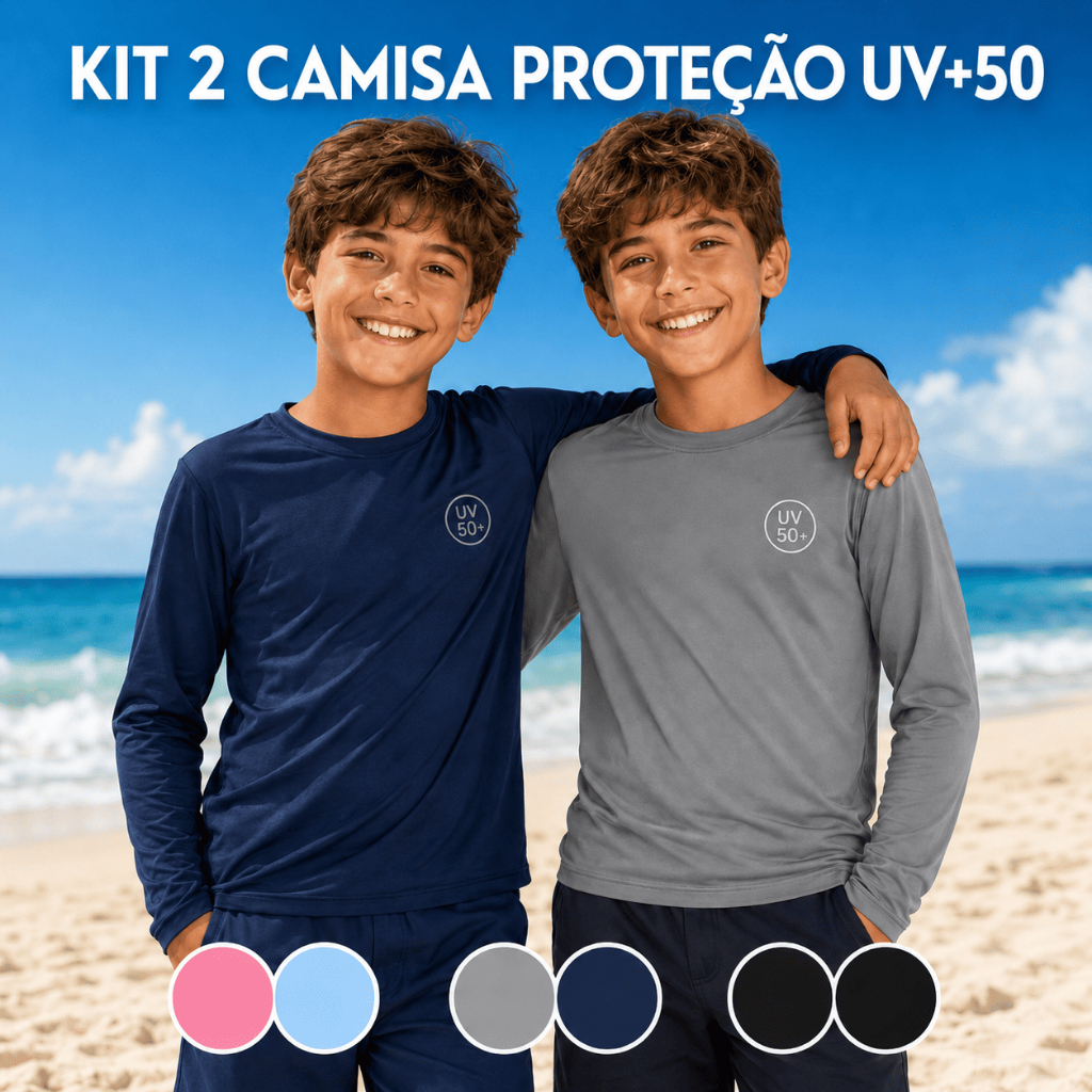 KIT 2 CAMISA PROTEÇÃO UV+50 INFANTIL BLUSA PARA PRAIA VERÃO FÉRIAS PROTEÇÃO TOTAL QUALIDADE PREMIUM
