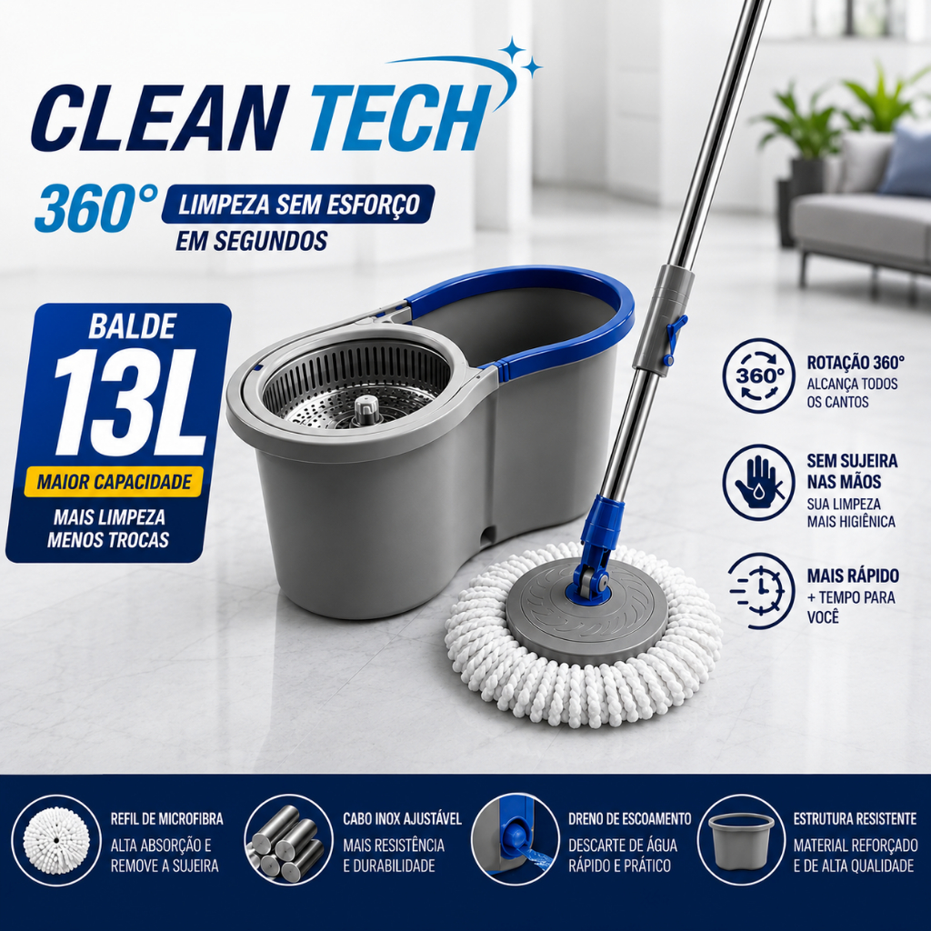 Mop Giratório 13L com Cesto Inox Balde Centrífuga 360° Limpeza Pesada Casa Piso Limpeza