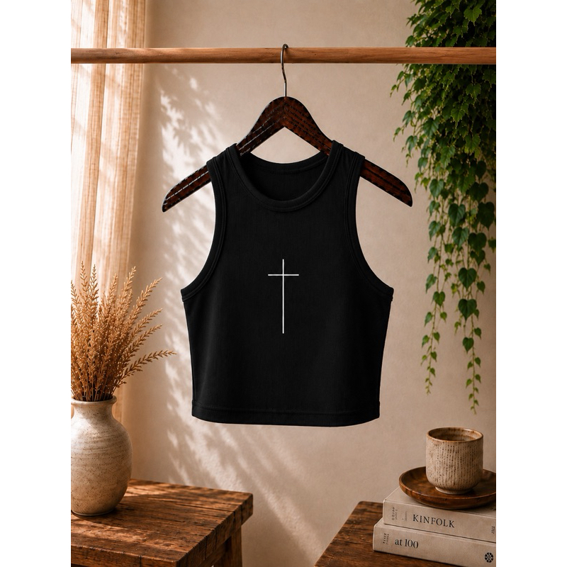 Regatas Caneladas  Cropped Femininas Cruz Pequeno Algodão e Elastano Blusinhas P ao GG