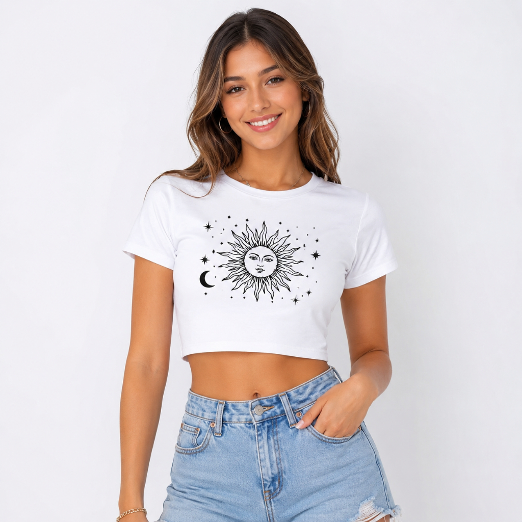Cropped Feminino Branco Mistico 100% Algodão Estilo Urbano Gola Redonda Camiseta Curta Confortável Versátil e Estiloso
