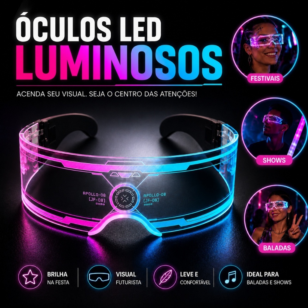 Óculos Luminosos Com LED Que Brilham Coloridos Festas Baladas Shows Eventos Noturnos Com Luzes