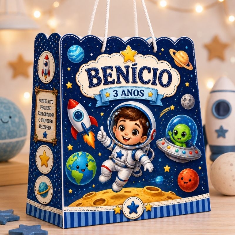 Kit Sacolinha Personalizada Tema Astronauta Menino Menina
