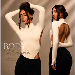 Body Romana Gola Alta Costas Nua Abertas Manga Luva com Dedal Suplex Premium Moda Gringa Blogueira Elegante Justo Festa.