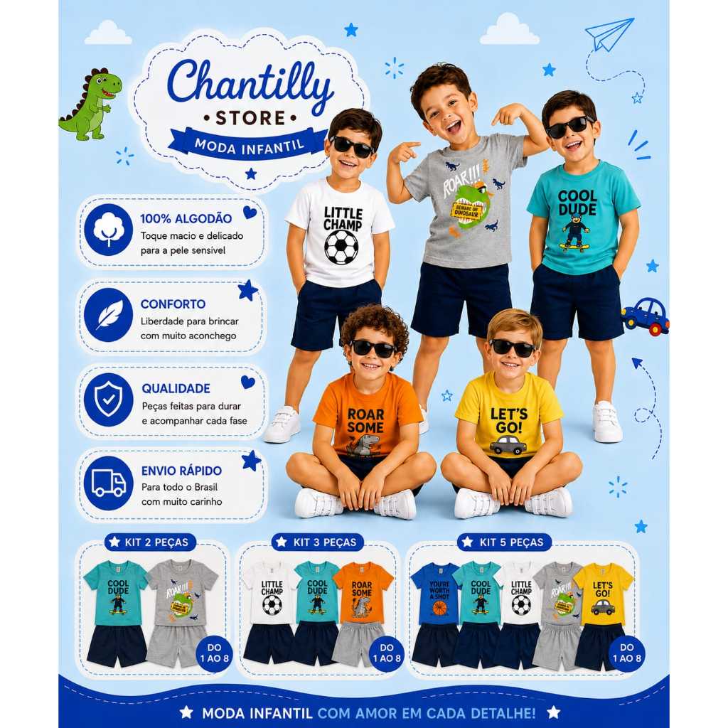 Kit Conjunto Infantil Sortido 2 a 10 Peças de Roupas Infantil Menino Camisa + bermuda Tamanho 1 ao 8
