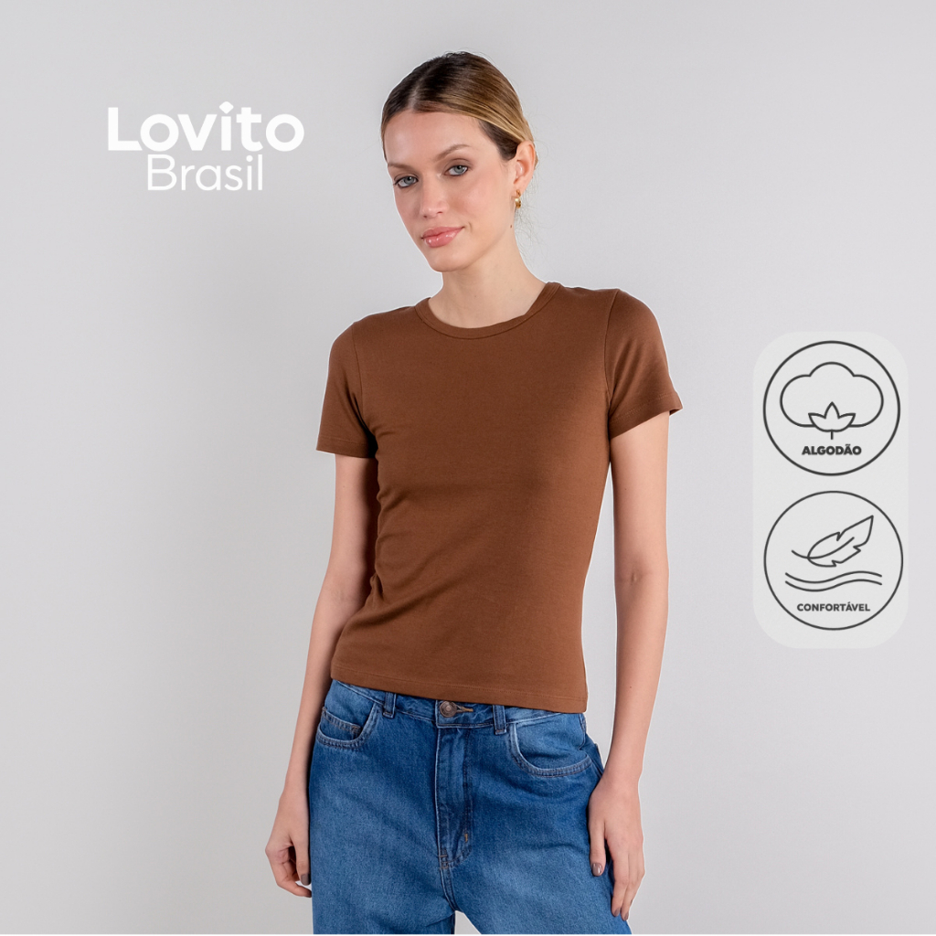 Lovito Camiseta Baby Look Feminina 100% Algodão Básica TSB20442074