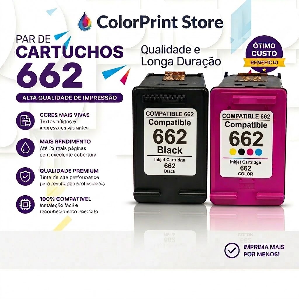 Par Cartucho 662 XL Preto e Colorido Compatível com 15 ml de tinta HP Deskjet 2546 1516 2516 3545