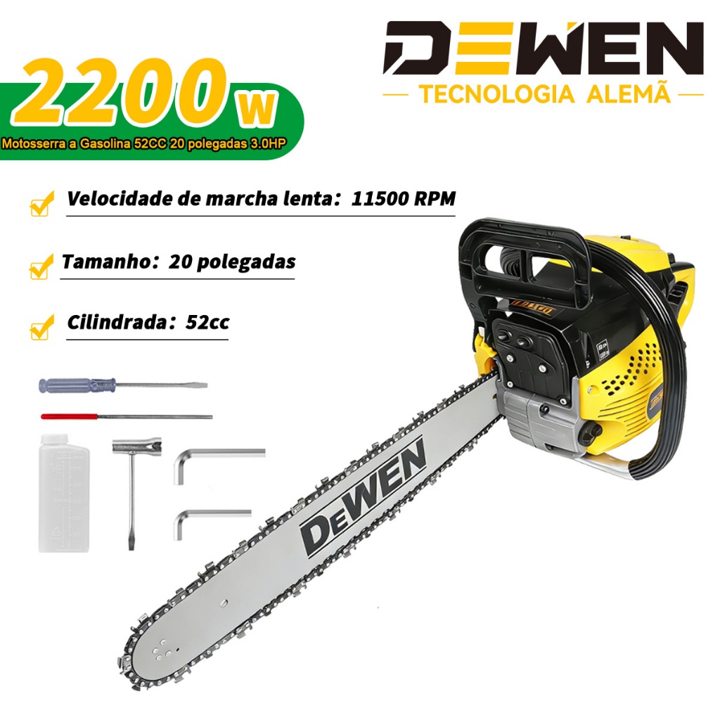 Motosserra 52CC DEWEN 20 Polegadas 3.0HP/2.2kW Corte Profissional de Árvores Barra de 20 Polegadas 2Tempos Alta Potência